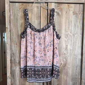 Knox Rose Pink Floral Scoop Neck Tank with Contrast Trim